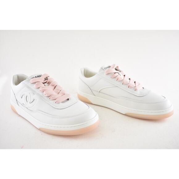 Chanel 24P White Pink Leather CC Logo Flat Lace Up Runner Trainer Sneaker 40 - Picture 6 of 15